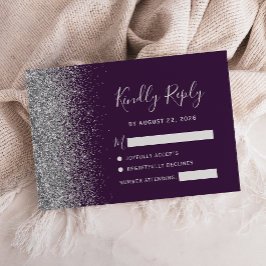 Cartão RSVP Borda de Brilho Falso Prateado Roxo Escuro Moderno