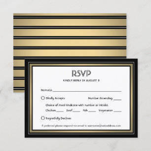 Cartão RSVP Borda Preta e Dourada Elegante e Opções de Refeiçã