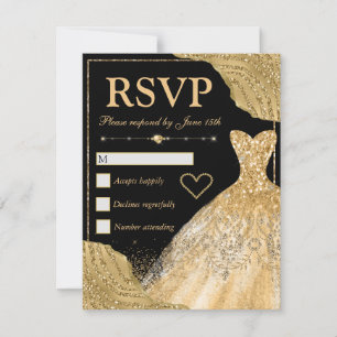 Cartão RSVP Bordas de Glitter Dourado e Vestido Doces 16