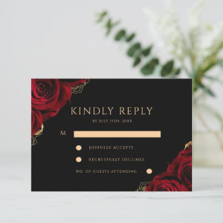 Cartão RSVP Bordô e preto ⎮ Rosa Vermelha Floral Casamento