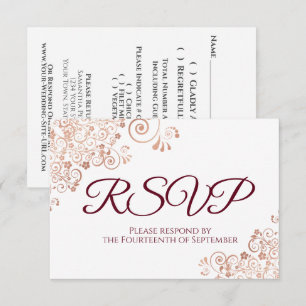 Cartão RSVP Borgonha com Casamento de Lace Dourado Elegante Ro