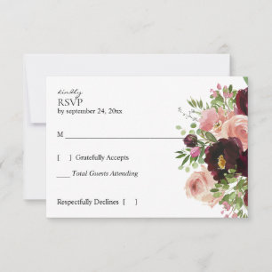 Cartão RSVP Borgonha e Blush Botânico Floral sem Refeição Bran