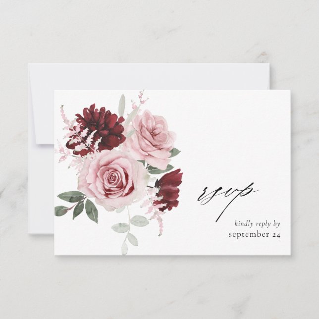 Cartão RSVP Borgonha e Rosa Bege Floral Ele 6 com Refeição RSV (Frente)