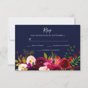 Cartão RSVP Borgonha floresce os azuis marinhos que Wedding