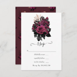 Cartão RSVP Borgonha - Marsala e Casamento Floral Dourado Rosa