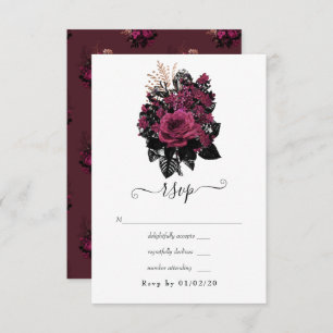 Cartão RSVP Borgonha - Marsala e Casamento Floral Dourado Rosa