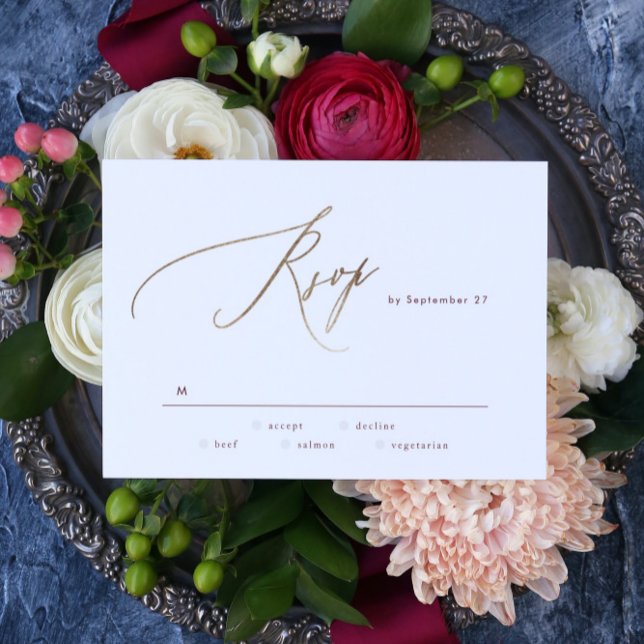 Cartão RSVP Borgonha Vermelha Escura Elegante Dourada O Casame (Criador carregado)