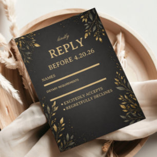 Cartão RSVP Botânico Dourado Elegante Escuro