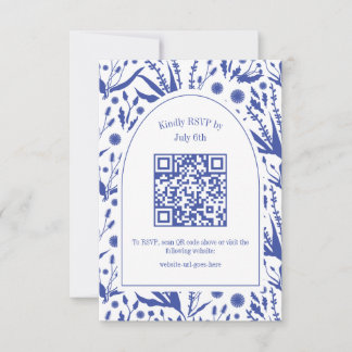 Cartão RSVP Botânicos Elegantes Clássicos no Código QR Azul