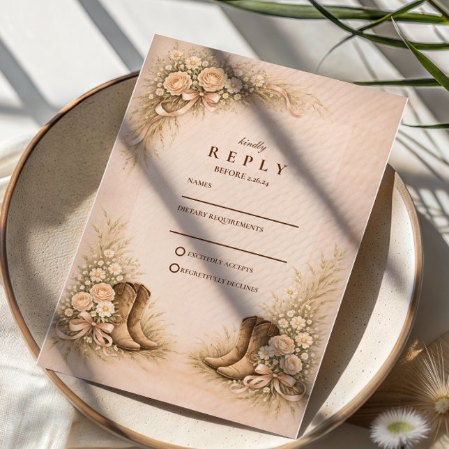 Cartão RSVP Botas Ocidentais Casamento Rosa Suave (Criador carregado)