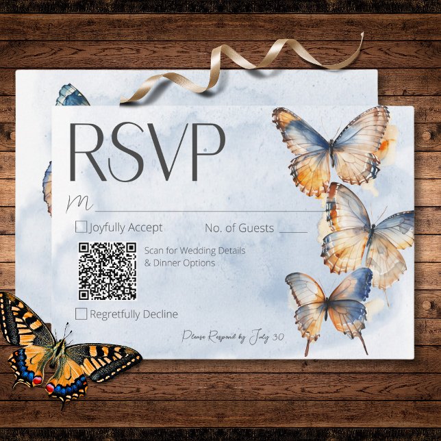 Cartão RSVP Botões de Aquarela Azul e Ferrugem Modernos Moscou (Modern Blue & Rust Watercolor Butterflies QR Code RSVP Card)