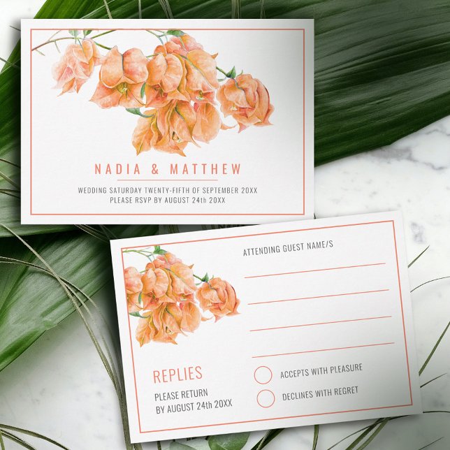 Cartão RSVP Bougainvillea aquarela casal laranja (Criador carregado)