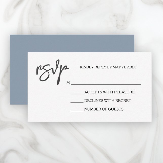 Cartão RSVP Branco Azul Elegante Moderno (Elegant Wedding RSVP Cards with Multiple Size Options.)