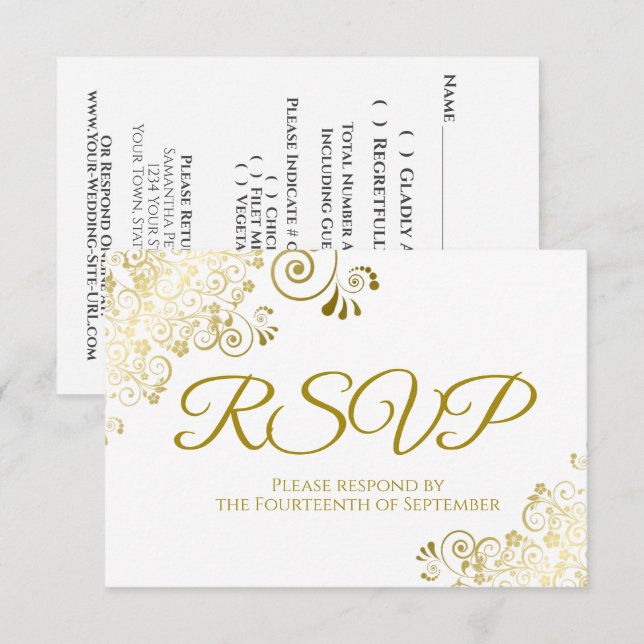 Cartão RSVP Branco com Casamento Amigável de Lace Dourado Eleg (Frente/Verso)