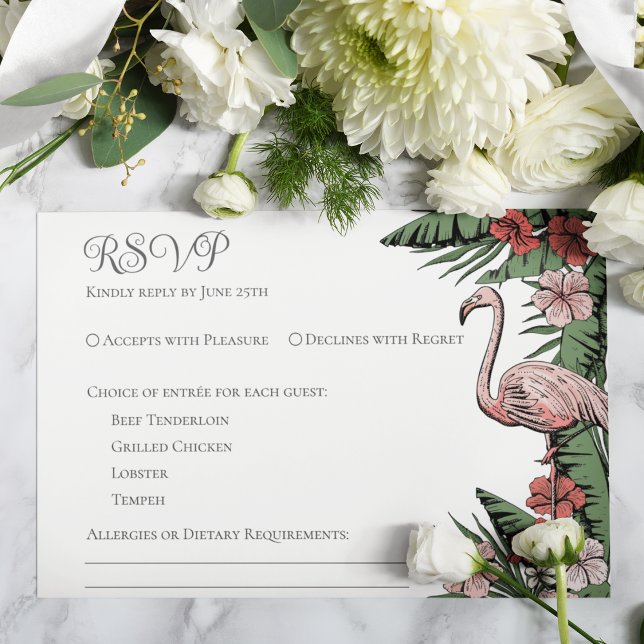 Cartão RSVP Branco de Casamento Tropical (Elegant & Chic White Floral Flamingo Tropical, Summer or Beach Wedding RSVP Response Card. )