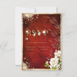 Cartão RSVP Branco Vermelho Ouro Botânico Floral Rústico