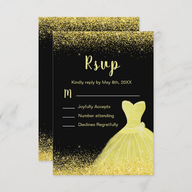 Cartão RSVP Bright Yellow Dress Faux Glitter Sweet 16 Birthday (Frente/Verso)