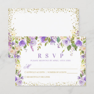 Cartão RSVP Brilhante Floral Dourado Roxo