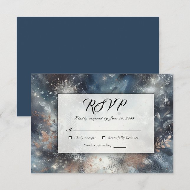 Cartão RSVP Brilho da Meia-Noite de Inverno Celestial Casament (Frente/Verso)