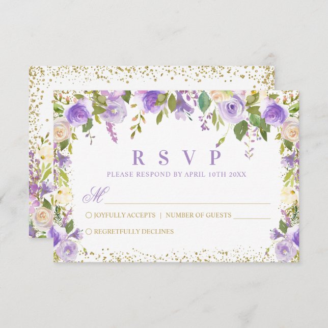 Cartão RSVP Brilho Floral Dourado Roxo (Frente/Verso)