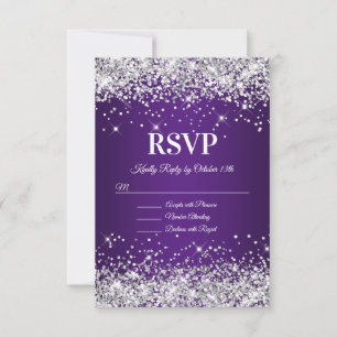 Cartão RSVP Brilho Prateado Glitter Roxo Ombre Real