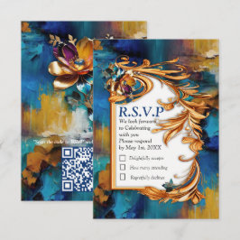 Cartão RSVP Bronze de abstrato, cor azul-ouro, estilo barroco