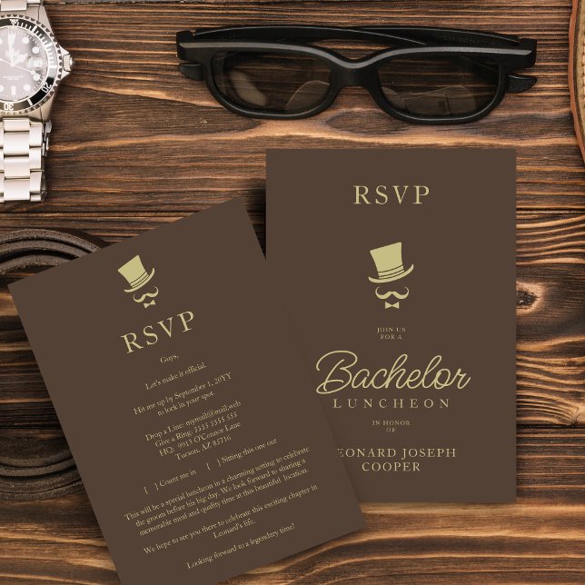 Cartão RSVP Brown Gold Chic Funny Gentleman Bachelor Luncheon (Brown & Fake Gold Chic Funny Gentleman Bachelor Luncheon RSVP Card.)