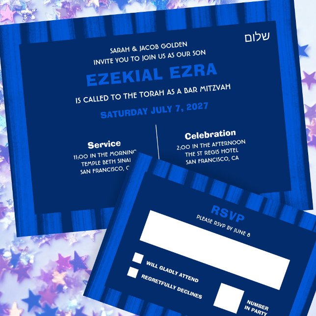 Cartão RSVP Brushstrokes Gira Bar Personalizado Azul Bat Mitzv (Brushstrokes Stripes Blue Custom Bar Bat Mitzvah RSVP Card
)
