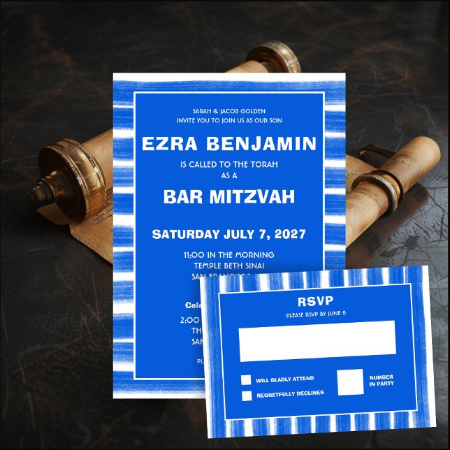 Cartão RSVP Brushstrokes Gira Bar Personalizado Azul Bat Mitzv (Brushstrokes Stripes Blue Custom Bar Bat Mitzvah RSVP Card
)