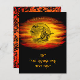 Cartão RSVP bruxa voadora com gato preto, noite de halloween