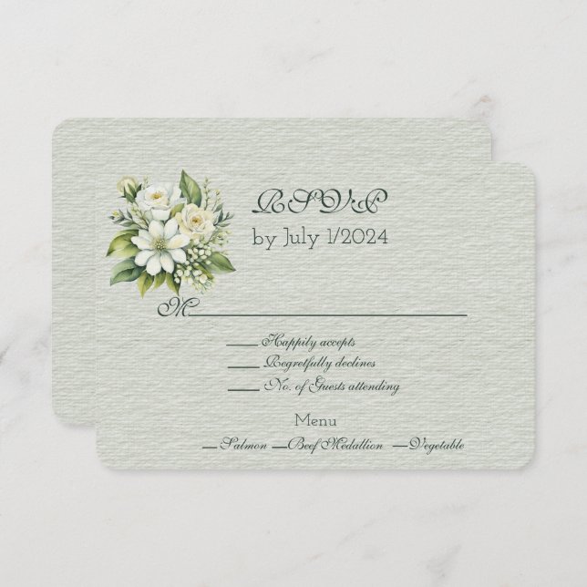 Cartão RSVP Buquê de Casamento Floral Branco Verde (Frente/Verso)