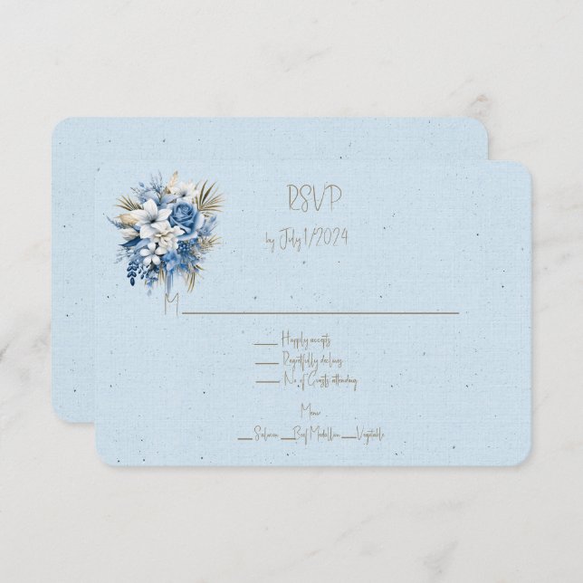 Cartão RSVP Buquê de Casamento Floral Castanho Branco Azul (Frente/Verso)