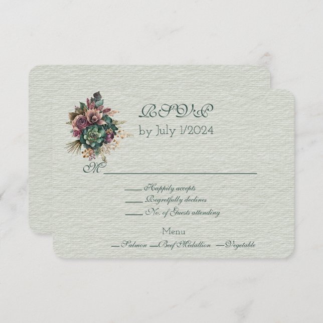 Cartão RSVP Buquê de Casamento Floral Verde Burgundy (Frente/Verso)