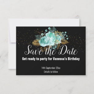 CARTÃO RSVP BUQUÊ FLORAL AQUA GOLD SAVE THE DATE TUDO PRETO