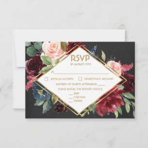 Cartão RSVP Buquê Floral Azul Merlot Lousa Dourado