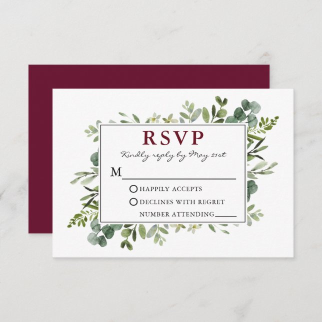 Cartão RSVP Burgundia de Casamento com Verde Botânico de Aquar (Frente/Verso)