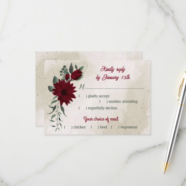Cartão RSVP Burgundia flores greenerescência escolha casamento (Frente/Verso In Situ)