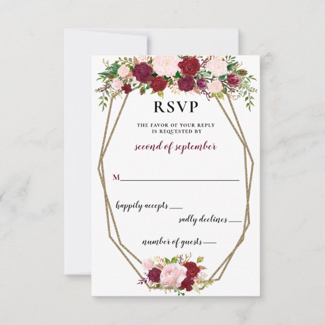 Cartão RSVP Burgundy Blush Dourado Floral Monograma Casamento  (Frente)