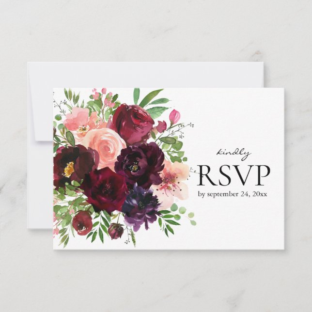 Cartão RSVP Burgundy & Blush Floral com casamento de opções de (Frente)