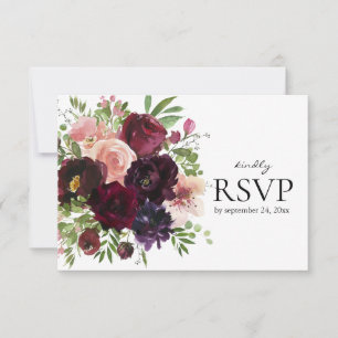 Cartão RSVP Burgundy & Blush Floral com casamento de opções de