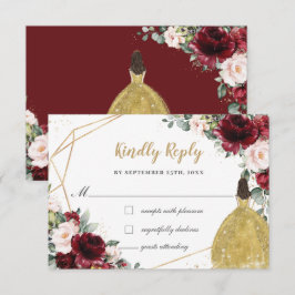 Cartão RSVP Burgundy Blush Floral Quinceañera Dourada Princesa