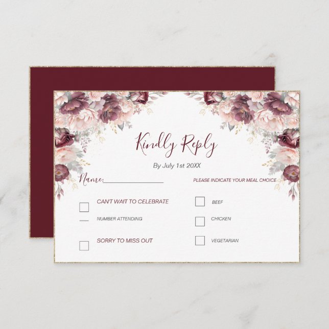 Cartão RSVP Burgundy Blush Peony e Casamento de Rosas (Frente/Verso)
