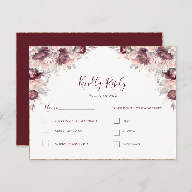 Cartão RSVP Burgundy Blush Peony e Casamento de Rosas (Frente/Verso)