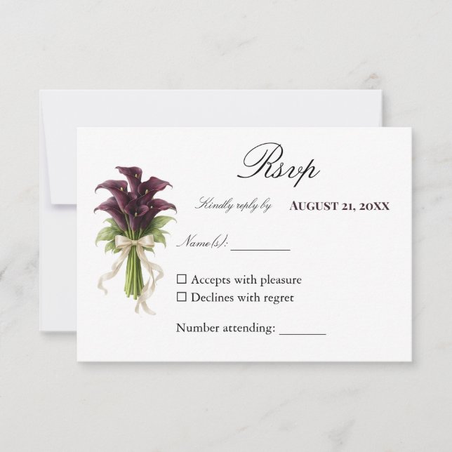 Cartão RSVP Burgundy Calla Lily Wedding Bouquet Ivory Ribbon  (Frente)