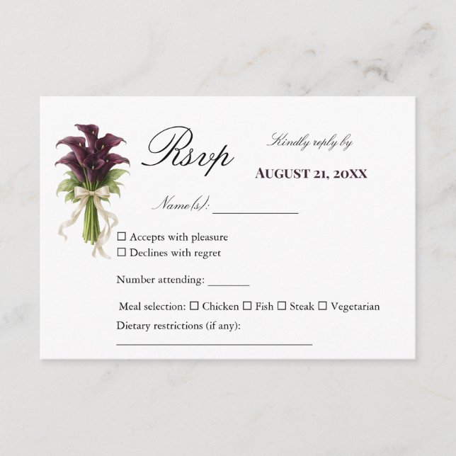 Cartão RSVP Burgundy Calla Lily Wedding Bouquet Ivory Ribbon  (Frente)