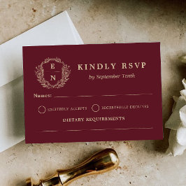 Cartão RSVP Burgundy Champagne Dourado Crest Monograma Casamen