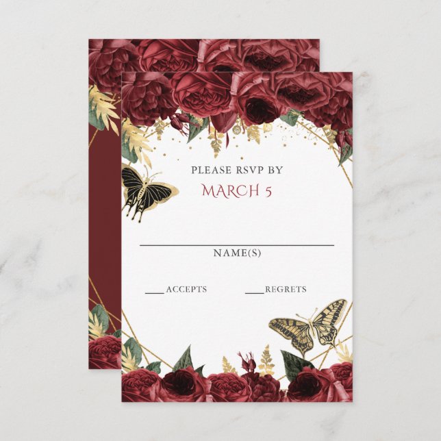 Cartão RSVP Burgundy Dourado Floral Borboletas Quinceanera  (Frente/Verso)