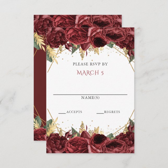 Cartão RSVP Burgundy Dourado Floral Quinceanera  (Frente/Verso)