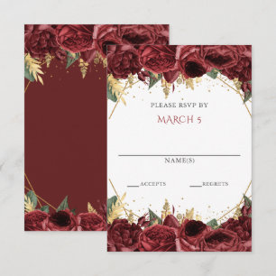 Cartão RSVP Burgundy Dourado Floral Quinceanera 
