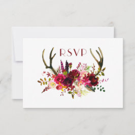 Cartão RSVP Burgundy Floral Antlers | entrada + convidados